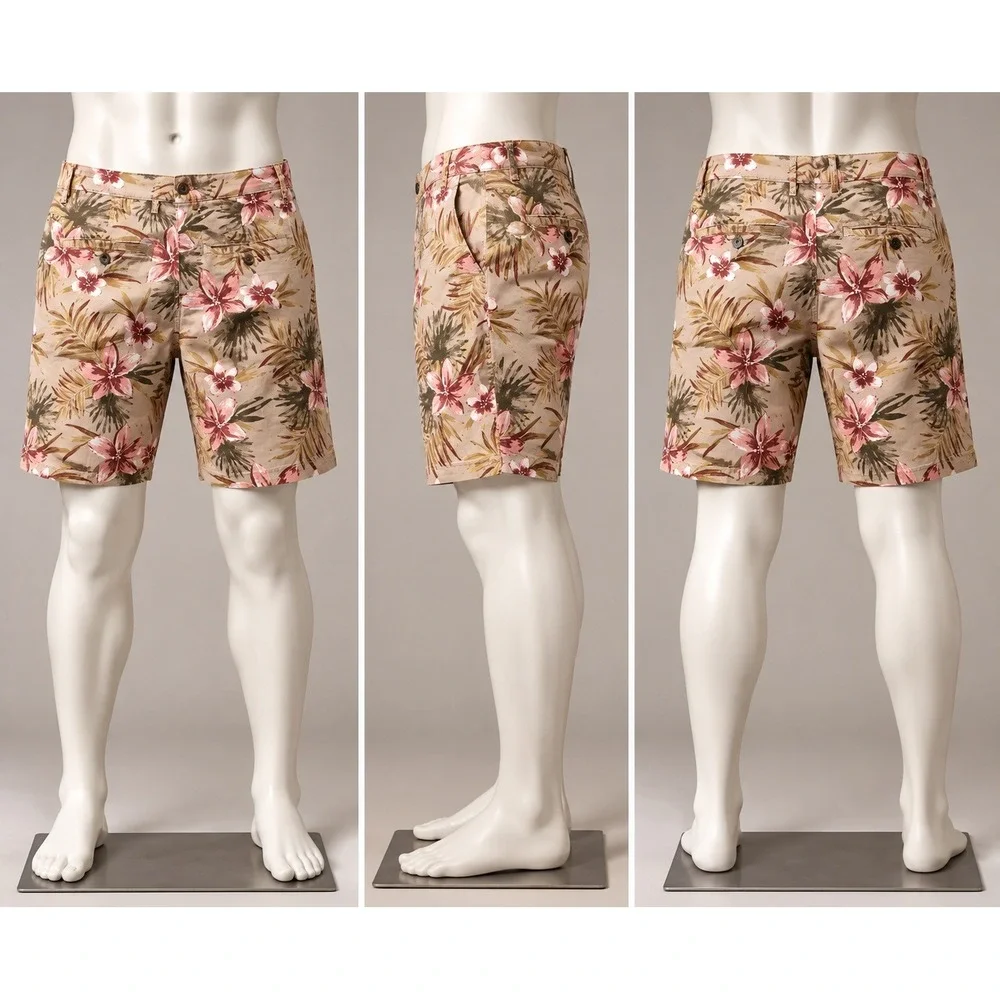 Goodfellow & Co Chino Shorts Mens 36 Tan Tropical Floral Palm Leaf Print